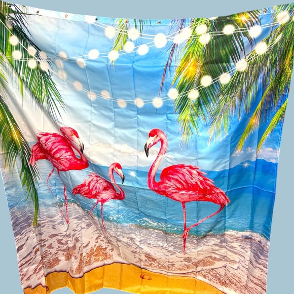 Tropical beach flamingo scene fabric shower curtain with hooks New - Picture 1 of 5